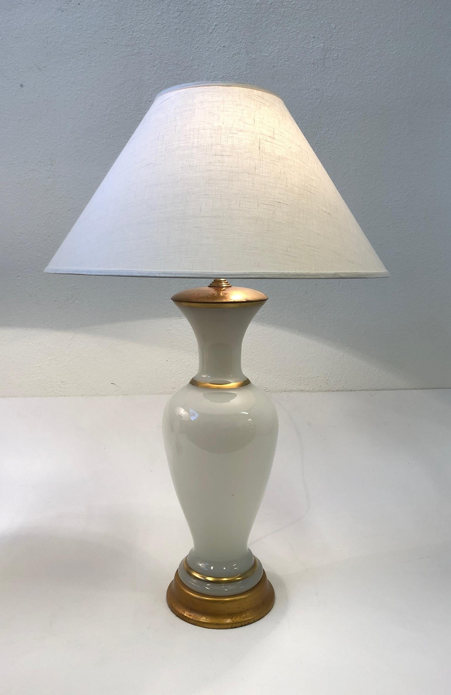 Mid-20th Century Pair of White Murano Glass and Brass Table Lamps by Marbro