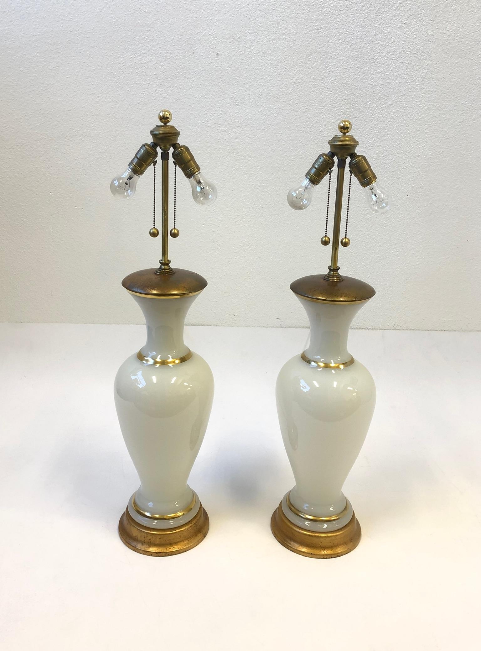Gold Pair of White Murano Glass and Brass Table Lamps by Marbro