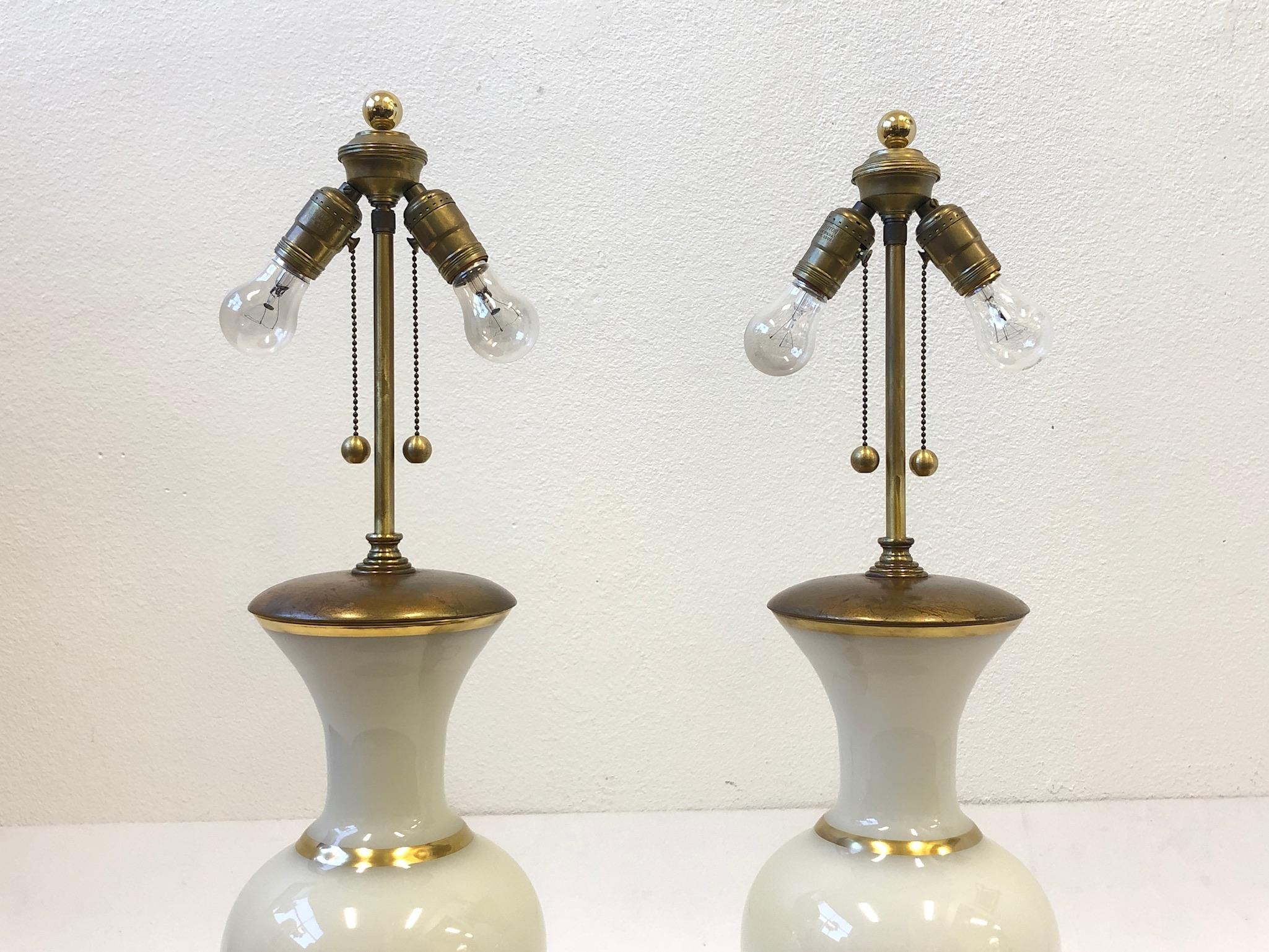 Pair of White Murano Glass and Brass Table Lamps by Marbro 1
