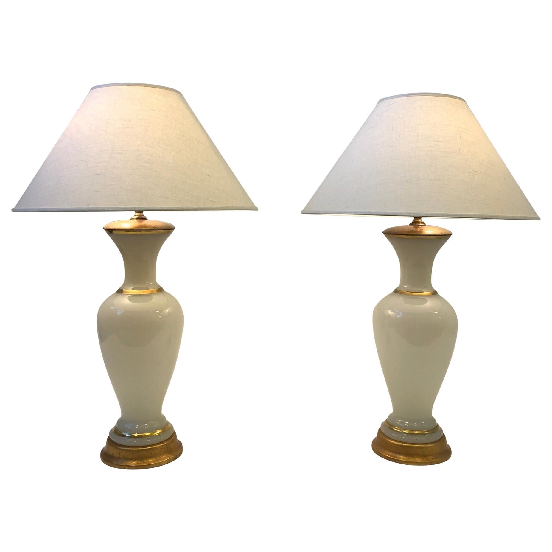 Pair of White Murano Glass and Brass Table Lamps by Marbro