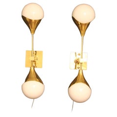 Pair of White Murano Glass and Brass Wall Sconces, Stilnovo Style Wall Lights