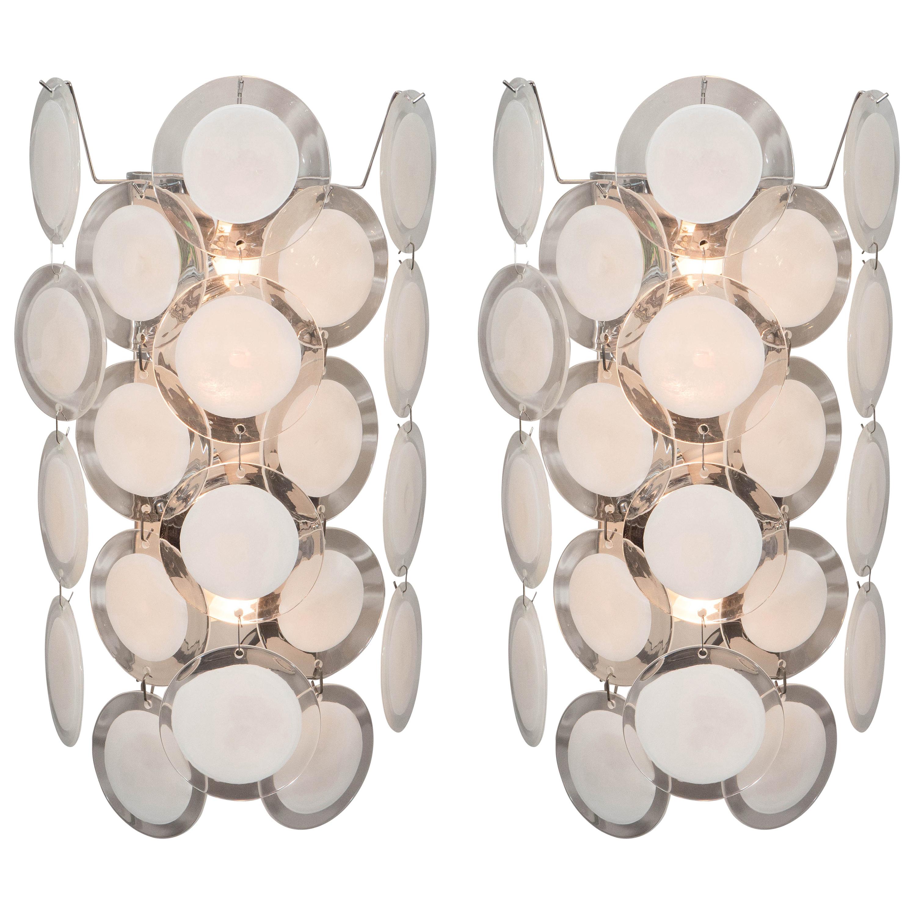 Pair of White Murano Glass Disc Sconces