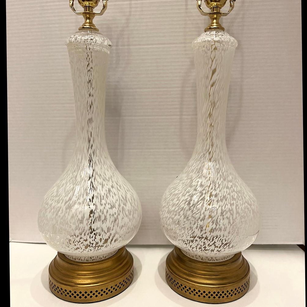 Art Glass Pair of White Murano Glass Lamps For Sale
