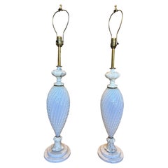 Pair of White Murano Glass Lamps with Alabaster Base