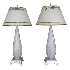 Pair of White Murano Glass Lamps with Parchment Shades