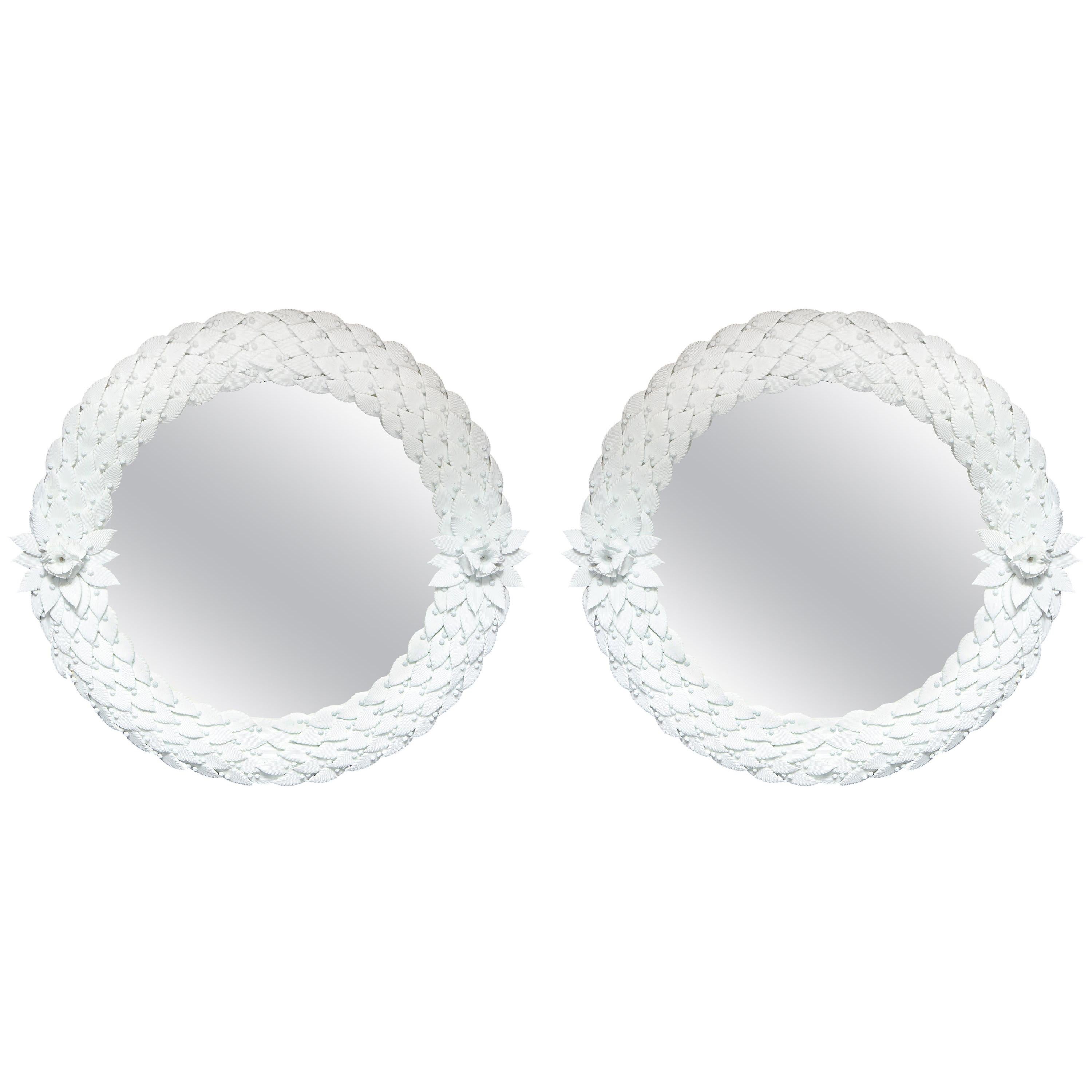 Pair of White Murano Glass Leaf Round Mirrors, Italy, circa 1980