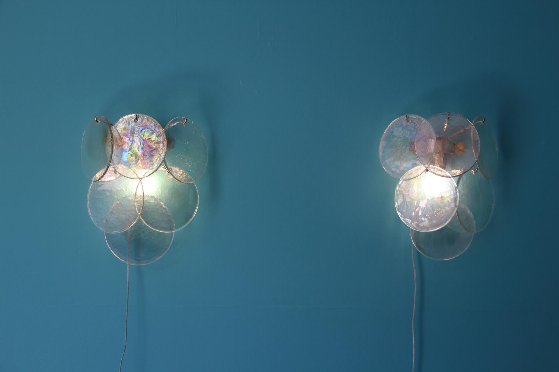 Mid-Century Modern Murano Glass Sconces, Iridescent and Pearly Glass , Vistosi Style Wall Lights