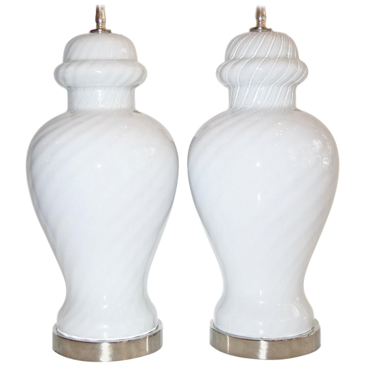 Pair of White Murano Lamps For Sale