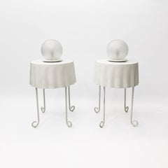 Pair Of White Murano Sphere Table Lamps 1970s Glass Lights Italian Vintage