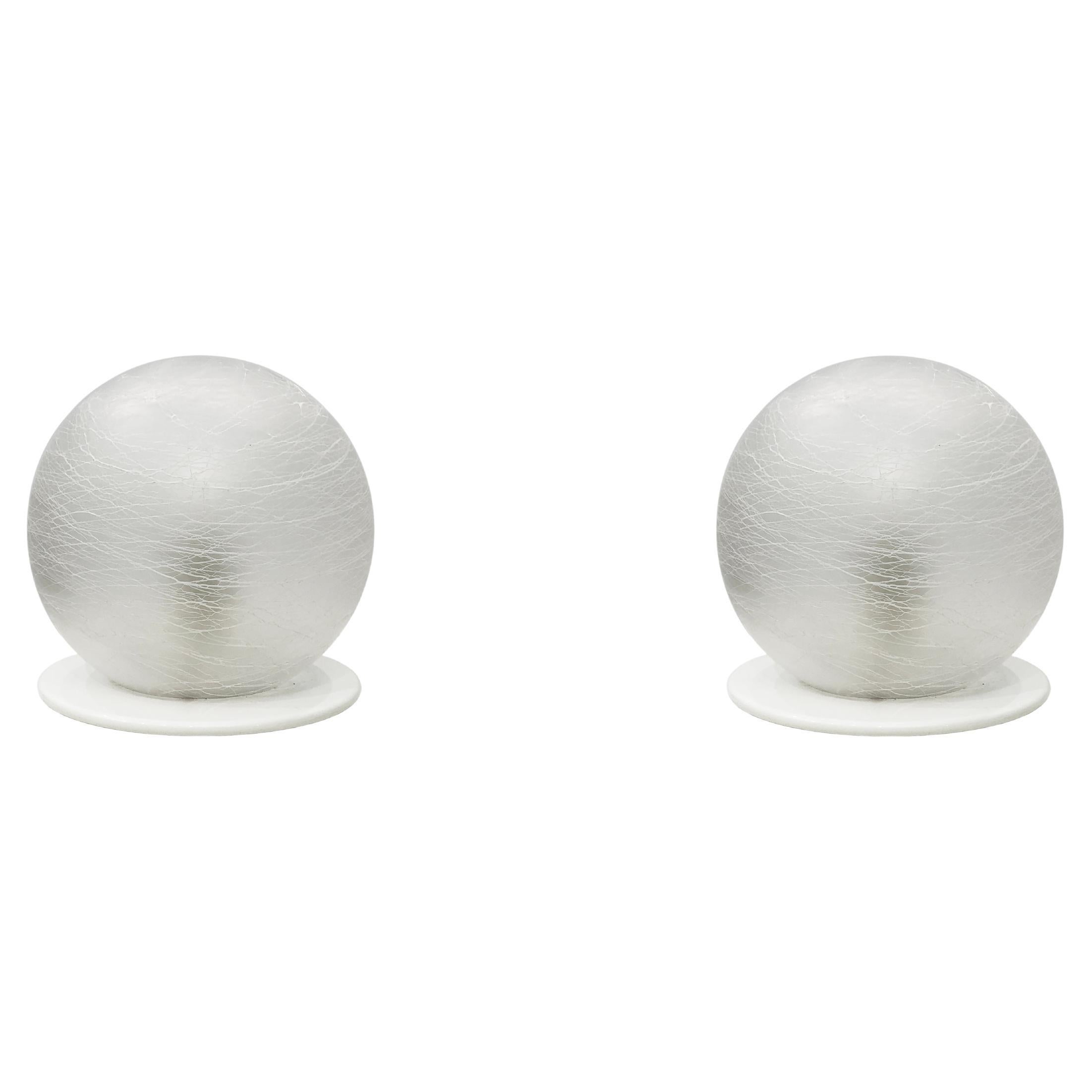 Pair Of White Murano Sphere Lamps 1970s Glass Lights Italian Orb Vintage