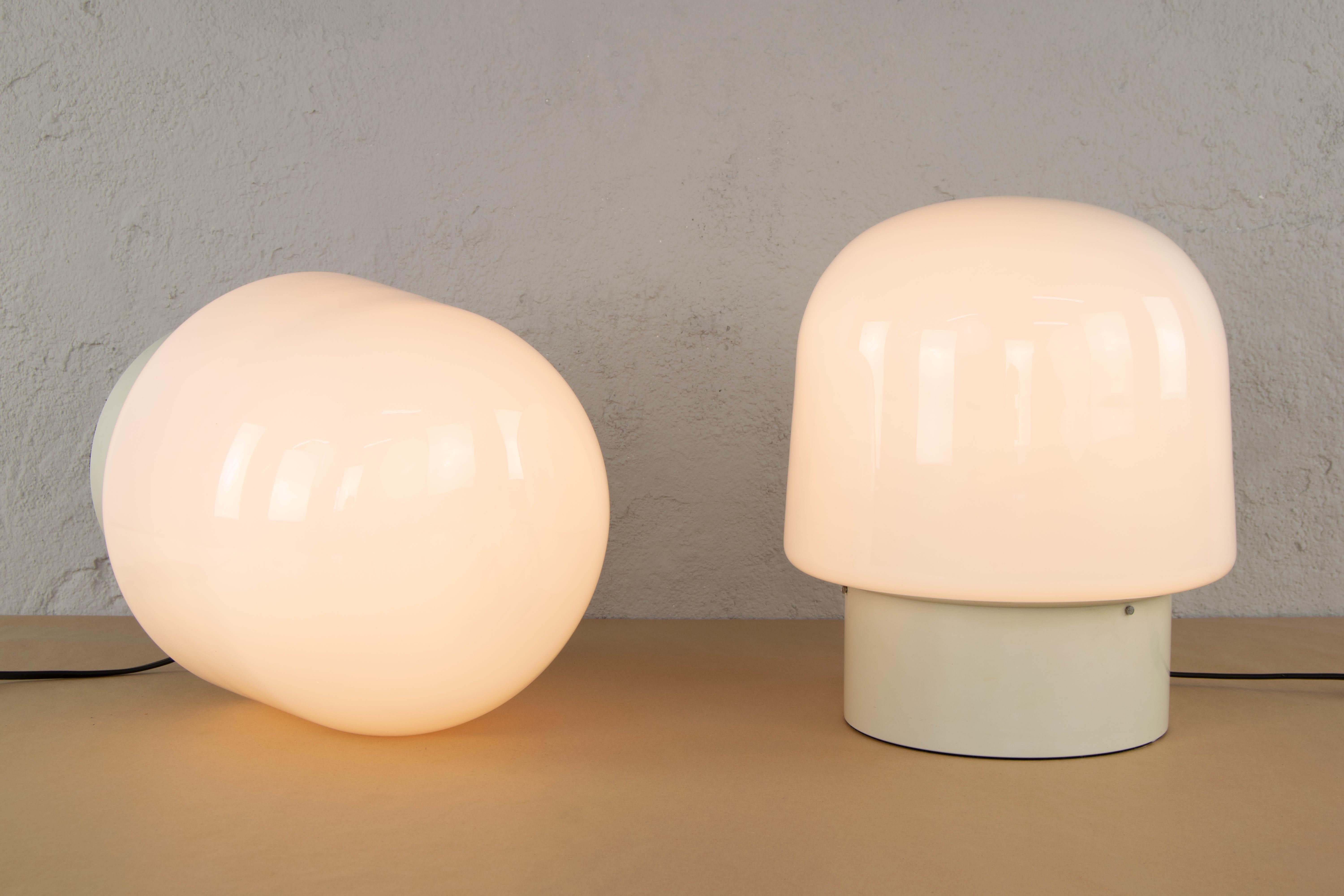Steel Pair of White mushroom Opaline Lamps Mid-Century Modern for Metalarte Spain 1970