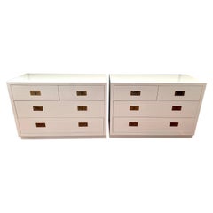 Vintage Pair of White Newly Lacquered Henredon Campaign Style Chests Dressers Commodes