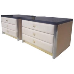 Pair of White Nightstand, Leather, Brass and Top in Glass, 1970, Italy