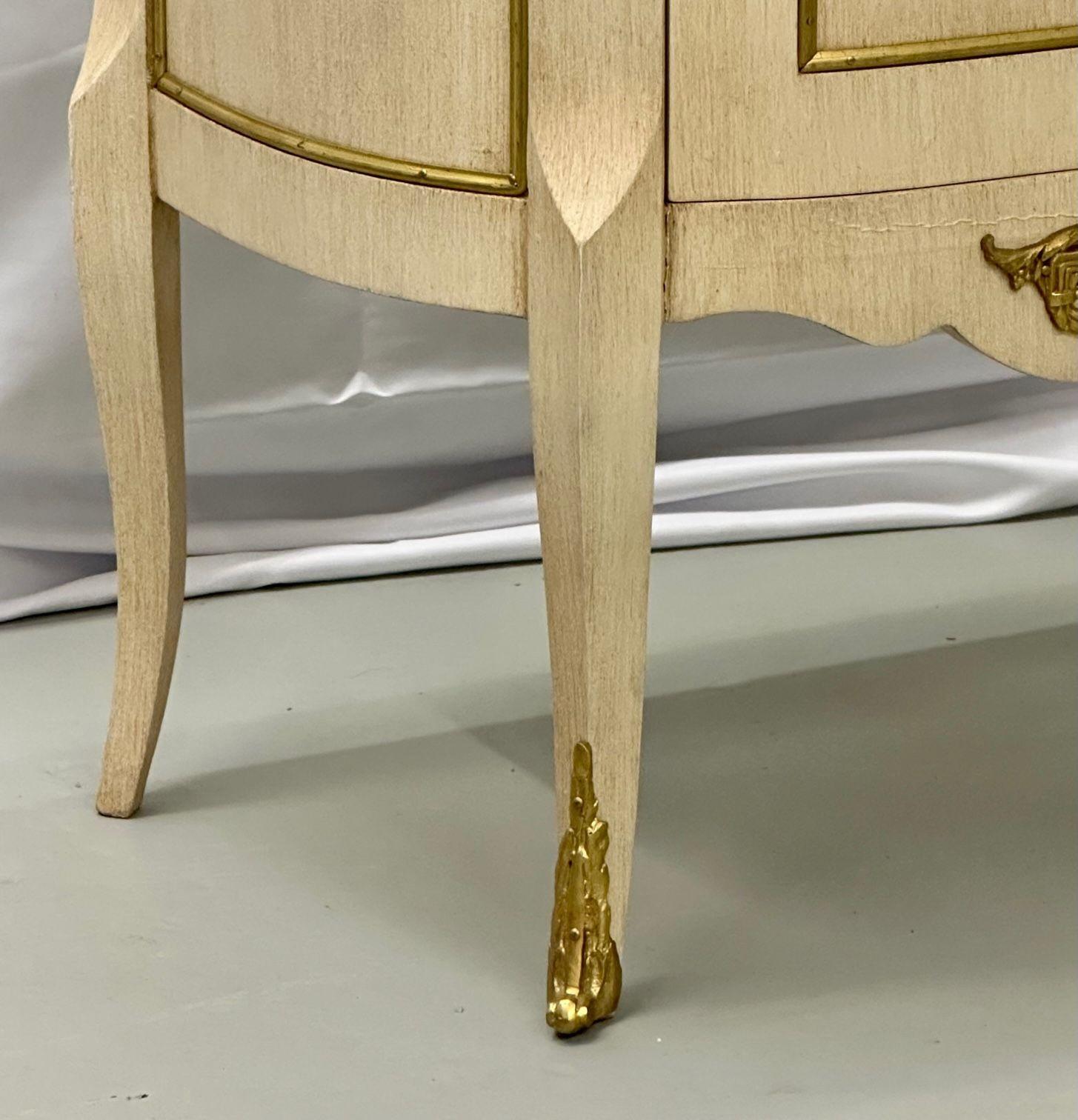 Bronze Pair of White Nightstand or End Tables / Side Tables, Demi Lune, Louis XV Style For Sale