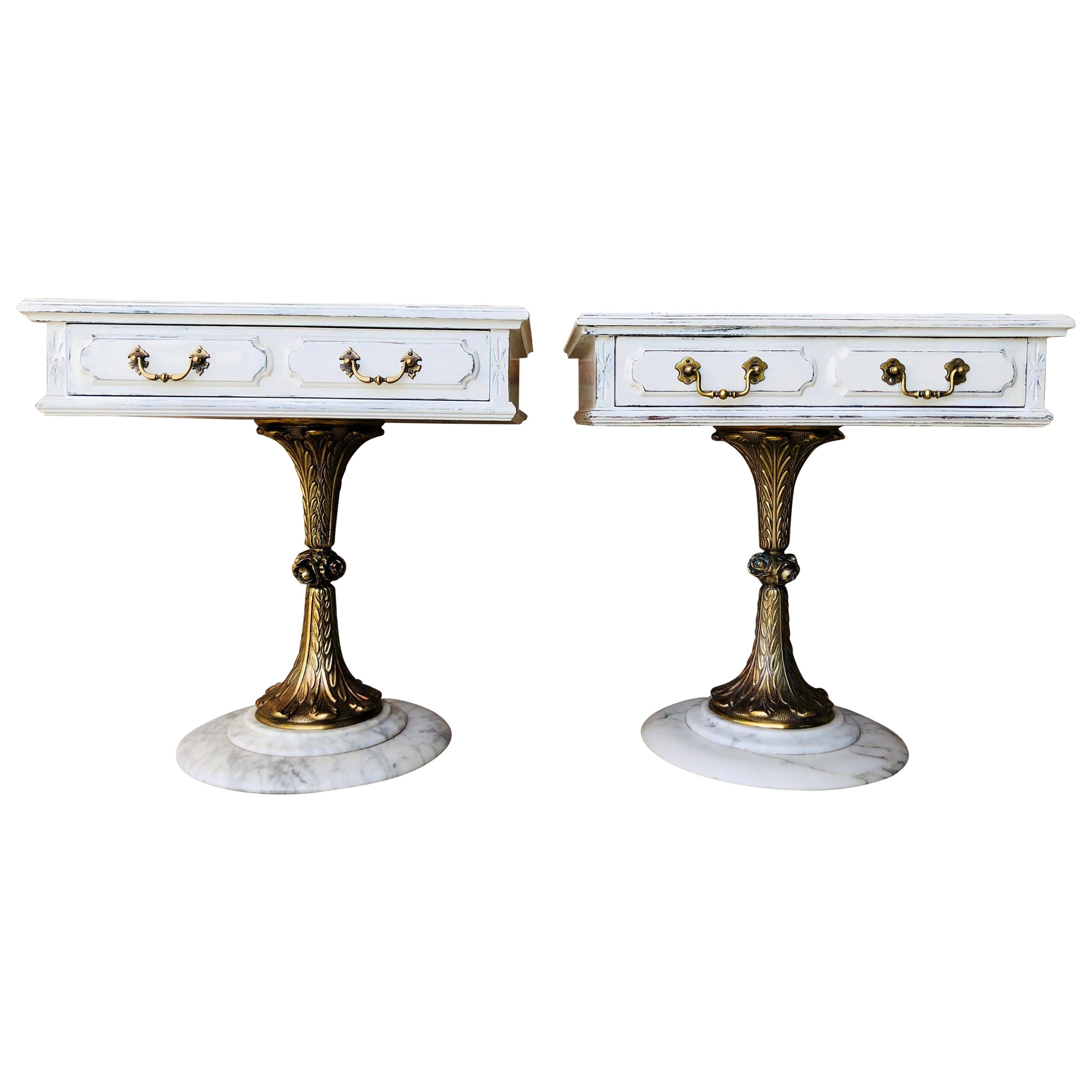 Pair of White Nightstands with One-Drawer and Bronze and Marble Pedestal
