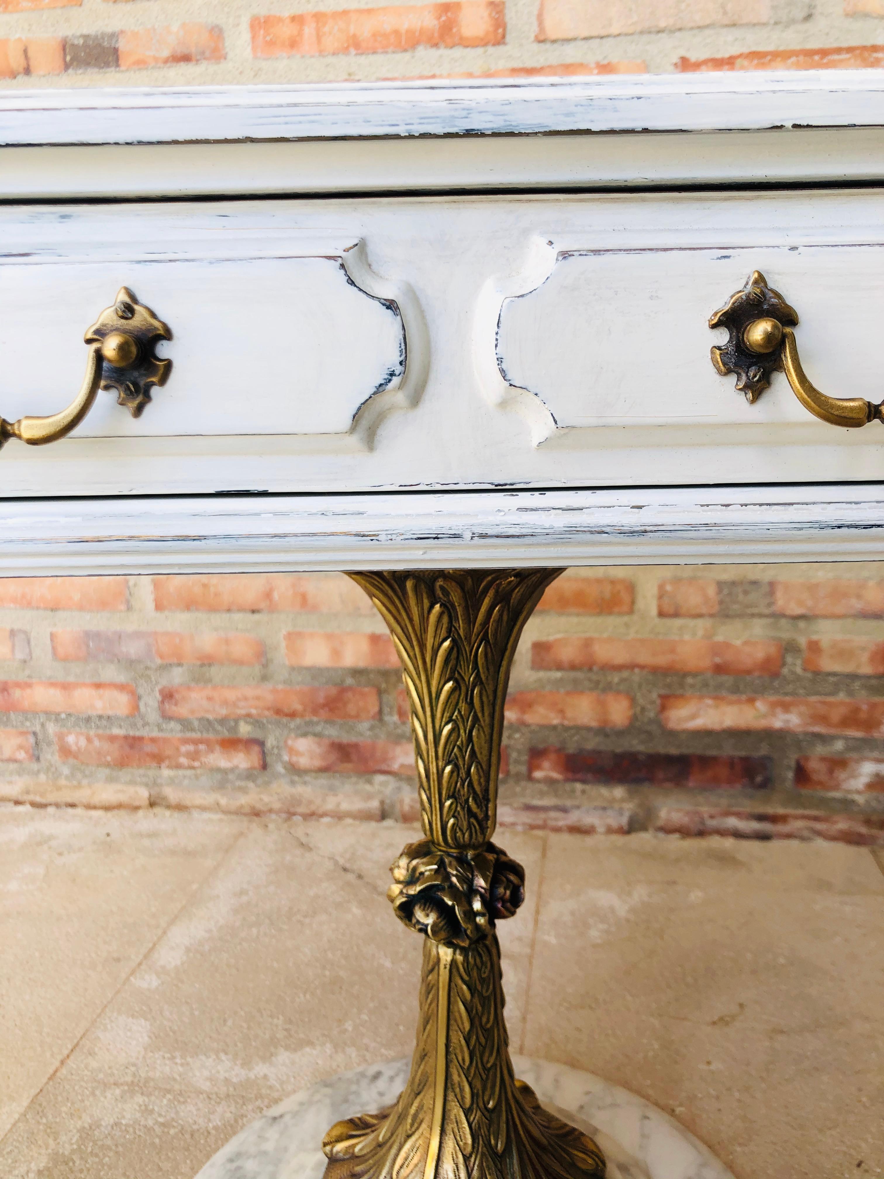 Pair of White Nightstands with One-Drawer and Bronze and Marble Pedestal 1