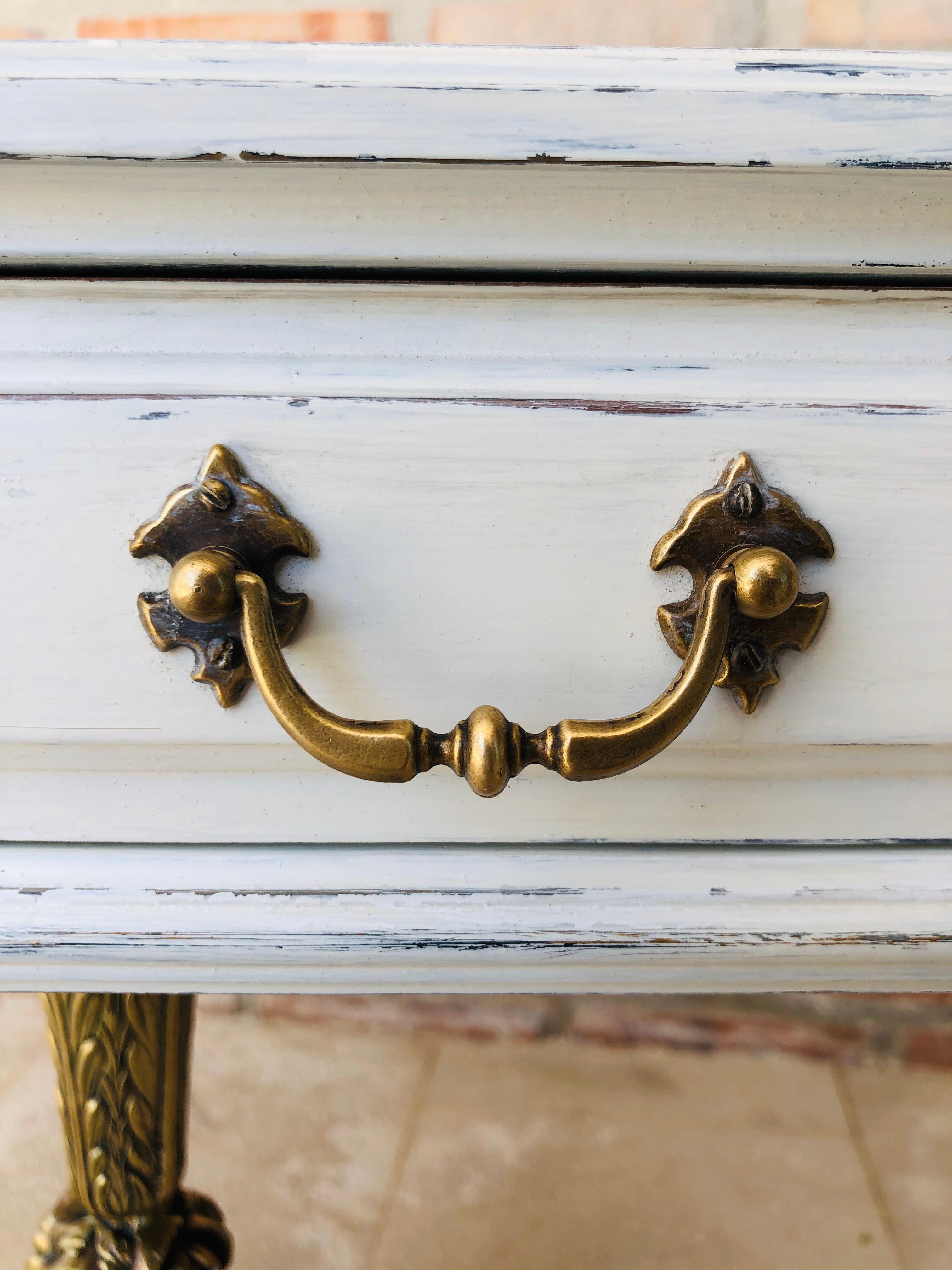 Pair of White Nightstands with One-Drawer and Bronze and Marble Pedestal 2