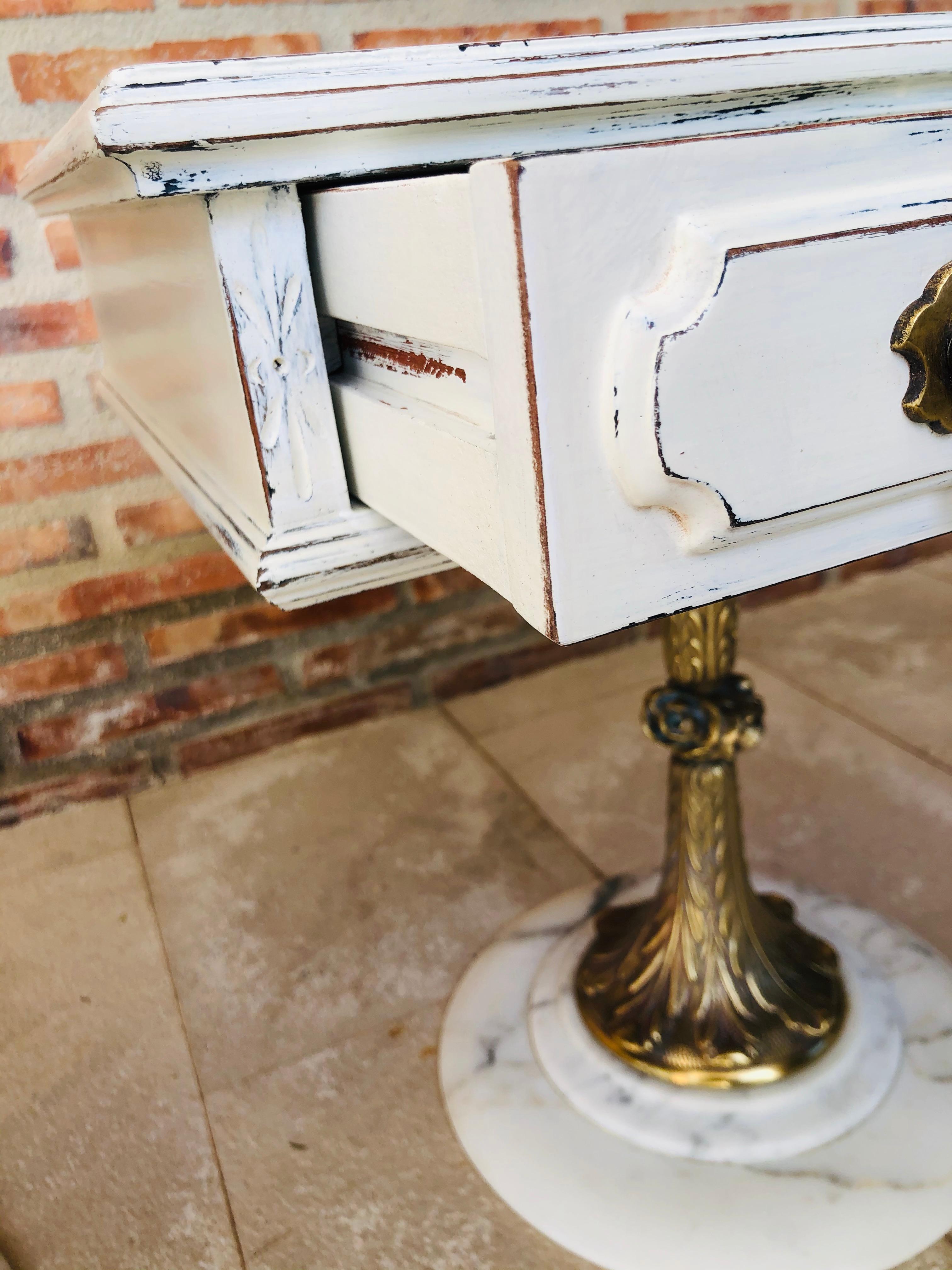 Pair of White Nightstands with One-Drawer and Bronze and Marble Pedestal 3