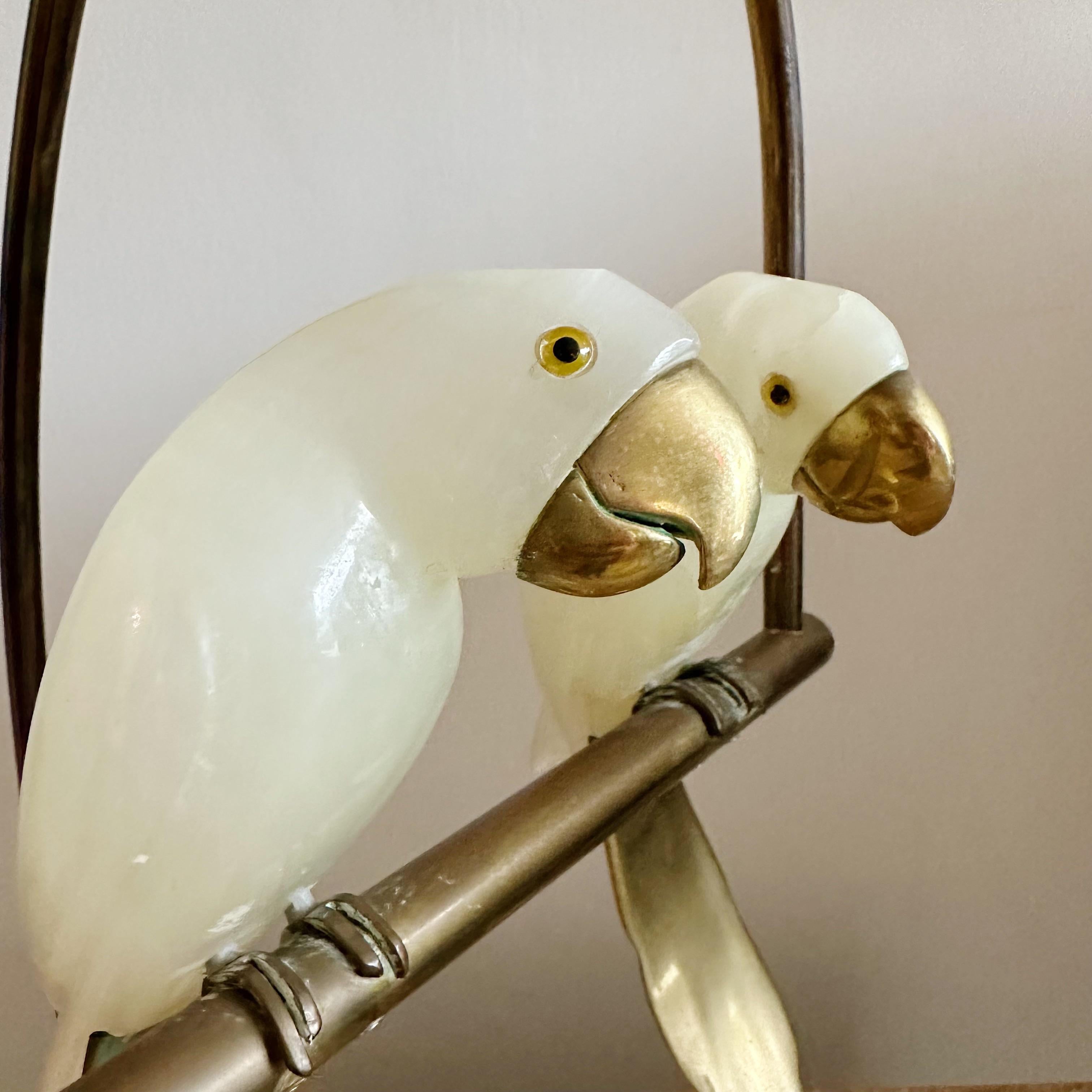 Pair of White Onyx Birds Perched on a Brass Swing Stand 3