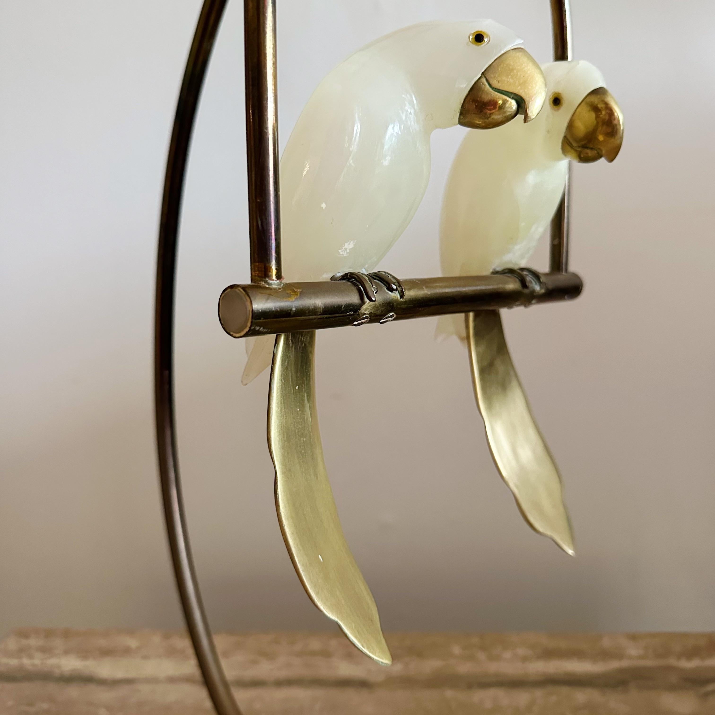 Pair of White Onyx Birds Perched on a Brass Swing Stand 4