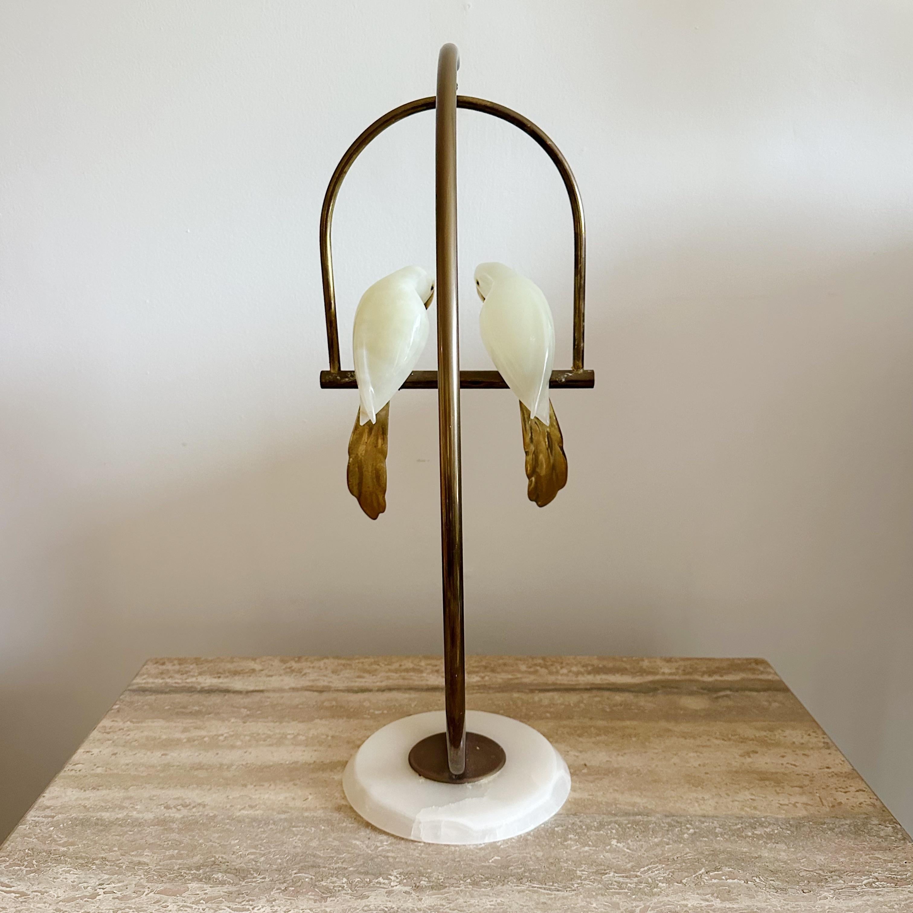 American Pair of White Onyx Birds Perched on a Brass Swing Stand