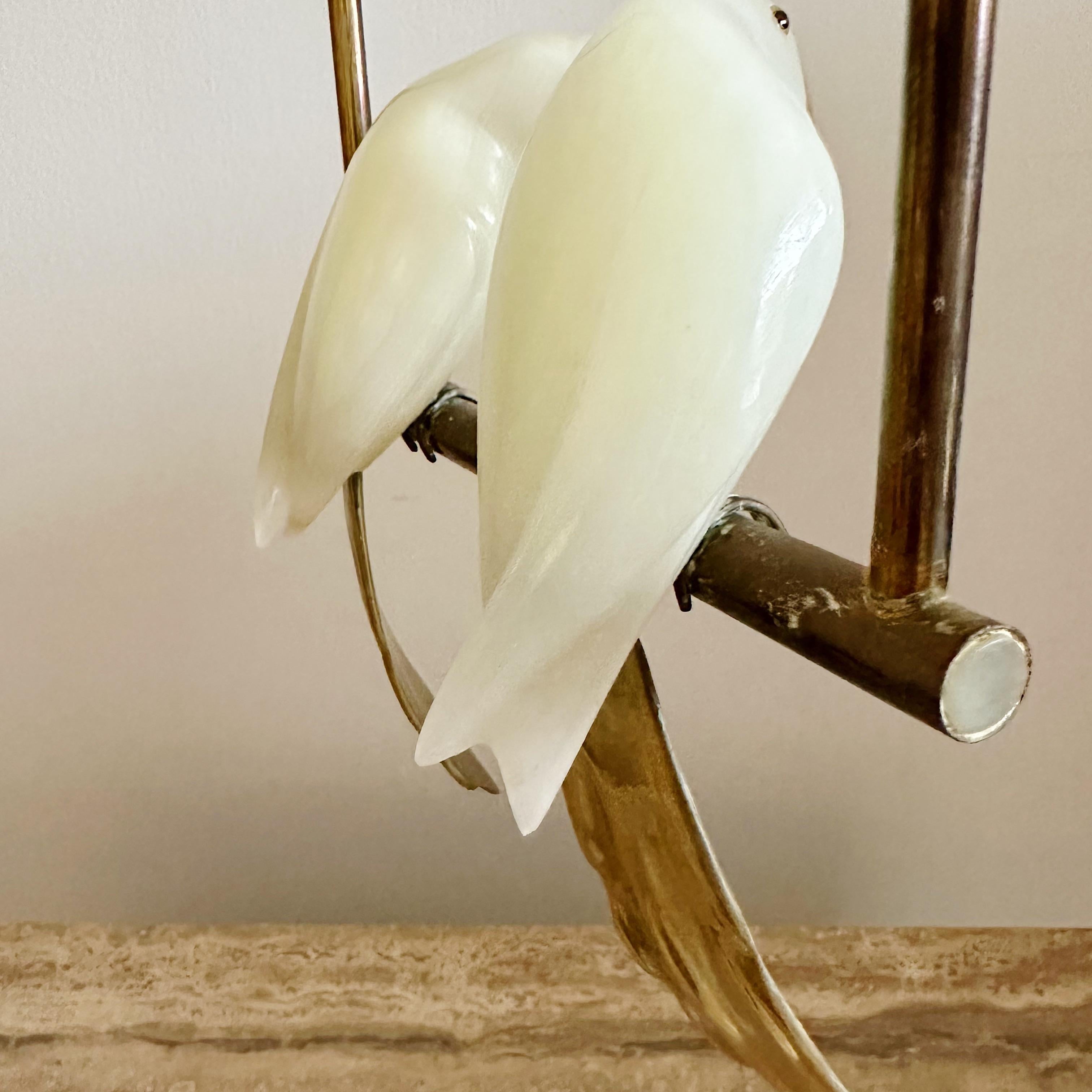 Pair of White Onyx Birds Perched on a Brass Swing Stand 2