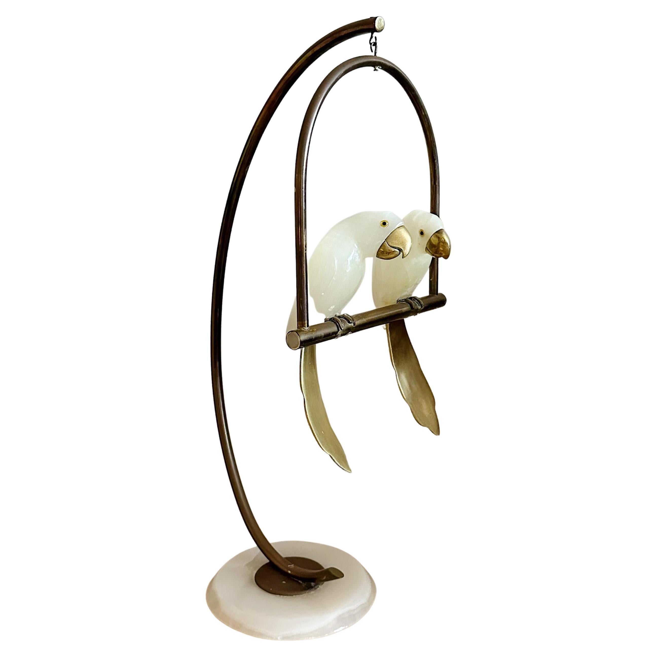 Pair of White Onyx Birds Perched on a Brass Swing Stand