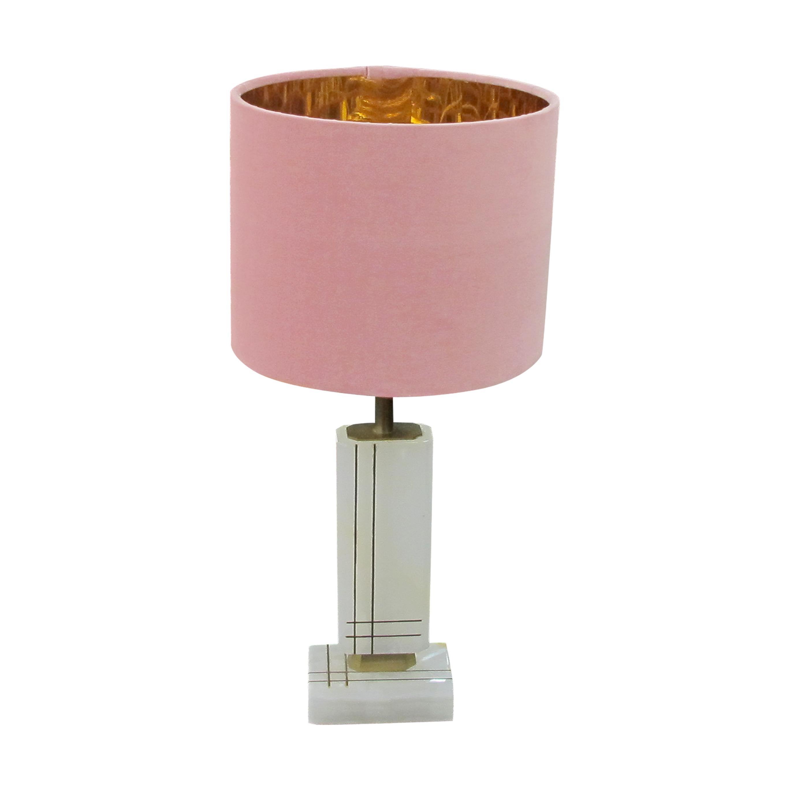 Other Pair of White Onyx Structural Table Lamps with Pink Shades, Italian 1960s For Sale
