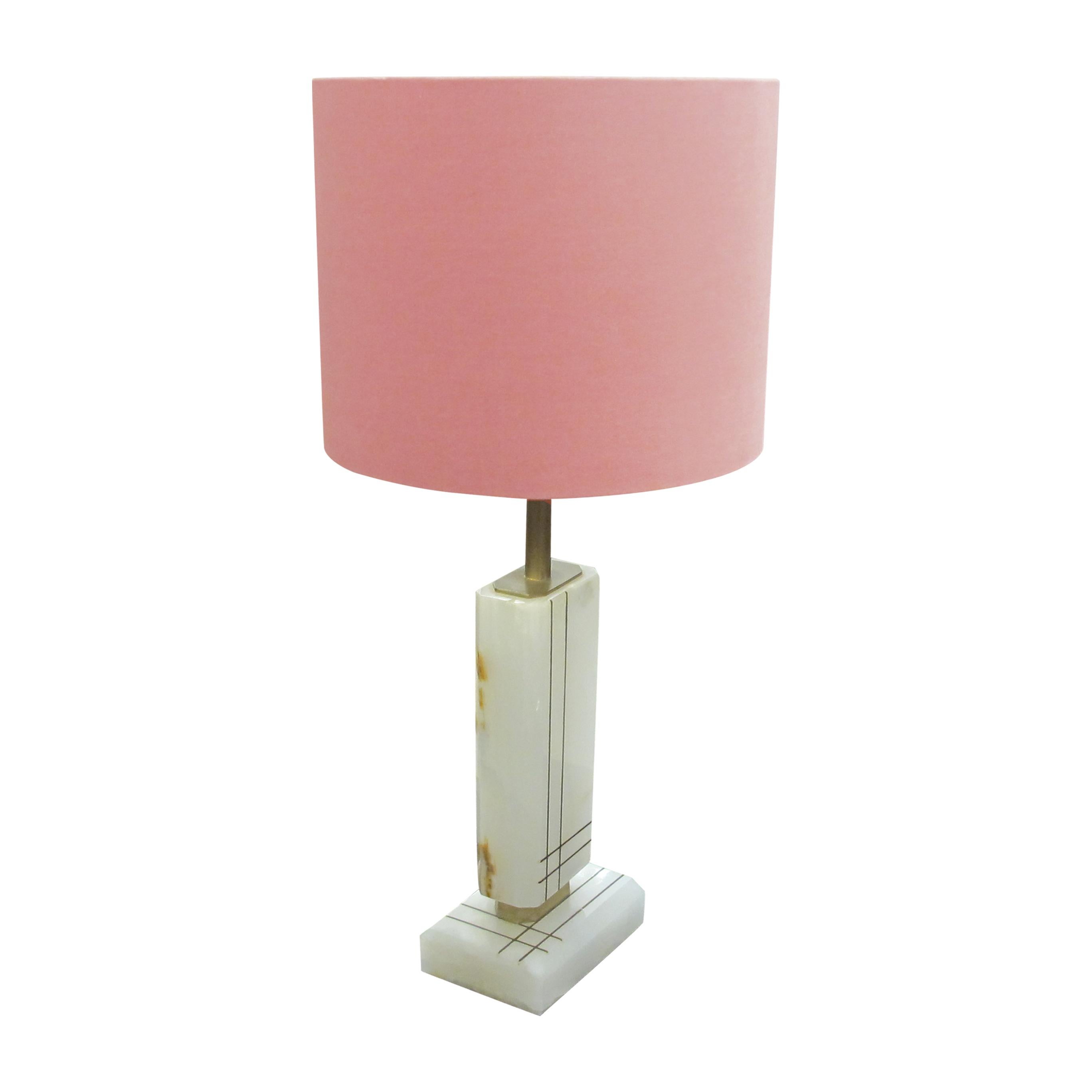 Mid-20th Century Pair of White Onyx Structural Table Lamps with Pink Shades, Italian 1960s For Sale
