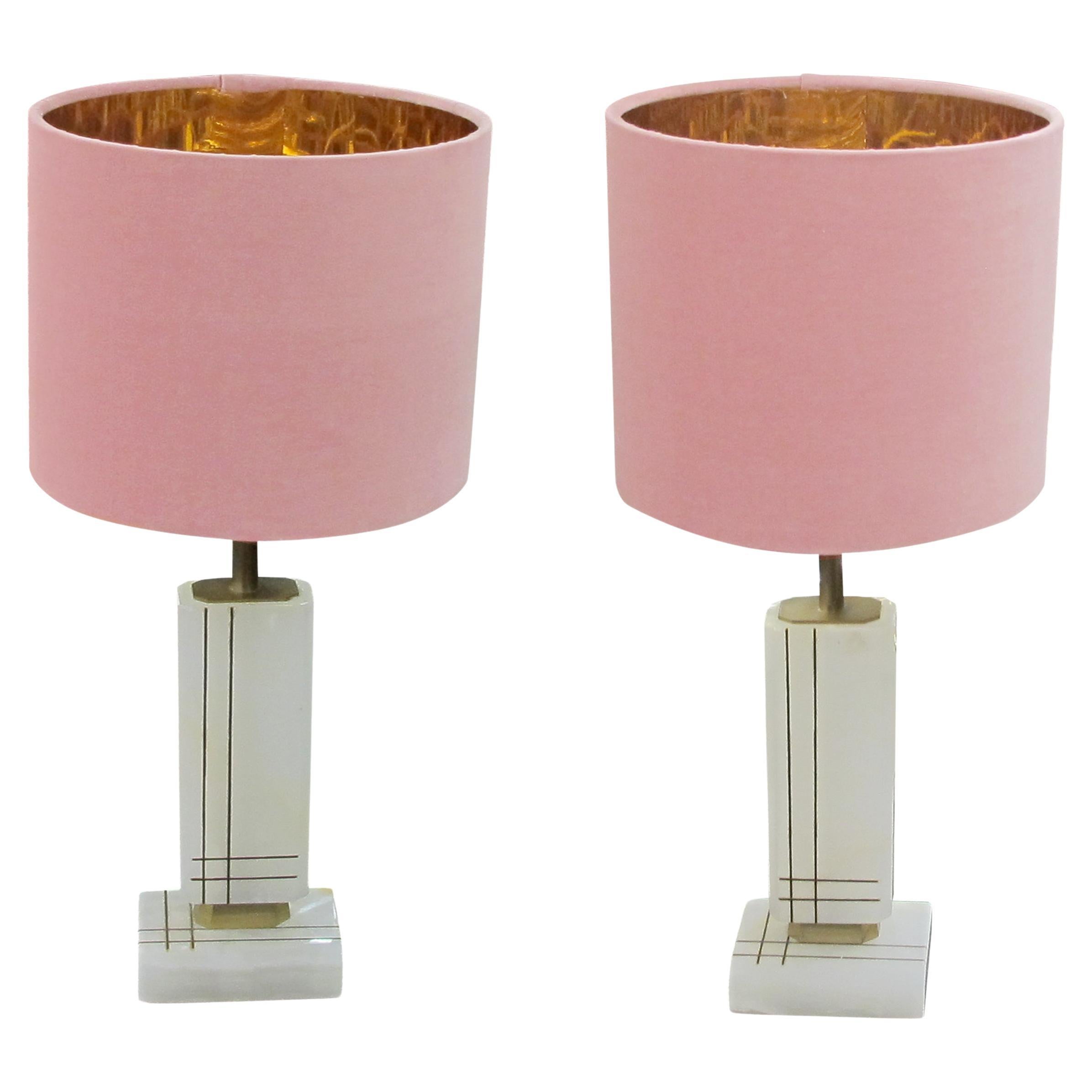 Pair of White Onyx Structural Table Lamps with Pink Shades, Italian 1960s For Sale