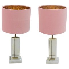 Vintage Pair of White Onyx Structural Table Lamps with Pink Shades, Italian 1960s