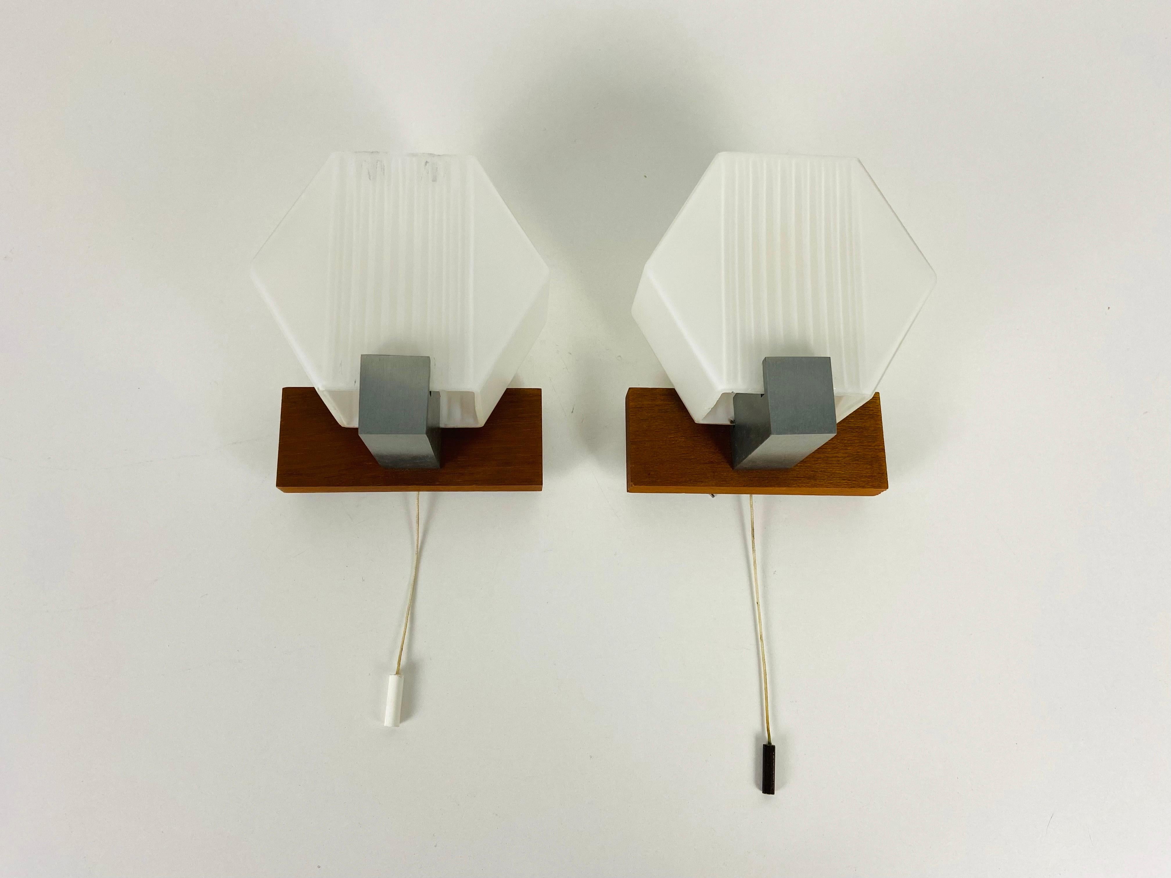 Pair of White Opal Glass and Teak Wall Lamps, 1970s, Germany For Sale 13