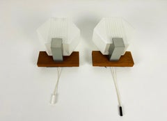 Pair of White Opal Glass and Teak Wall Lamps, 1970s, Germany