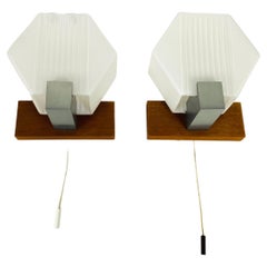 Retro Pair of White Opal Glass and Teak Wall Lamps, 1970s, Germany