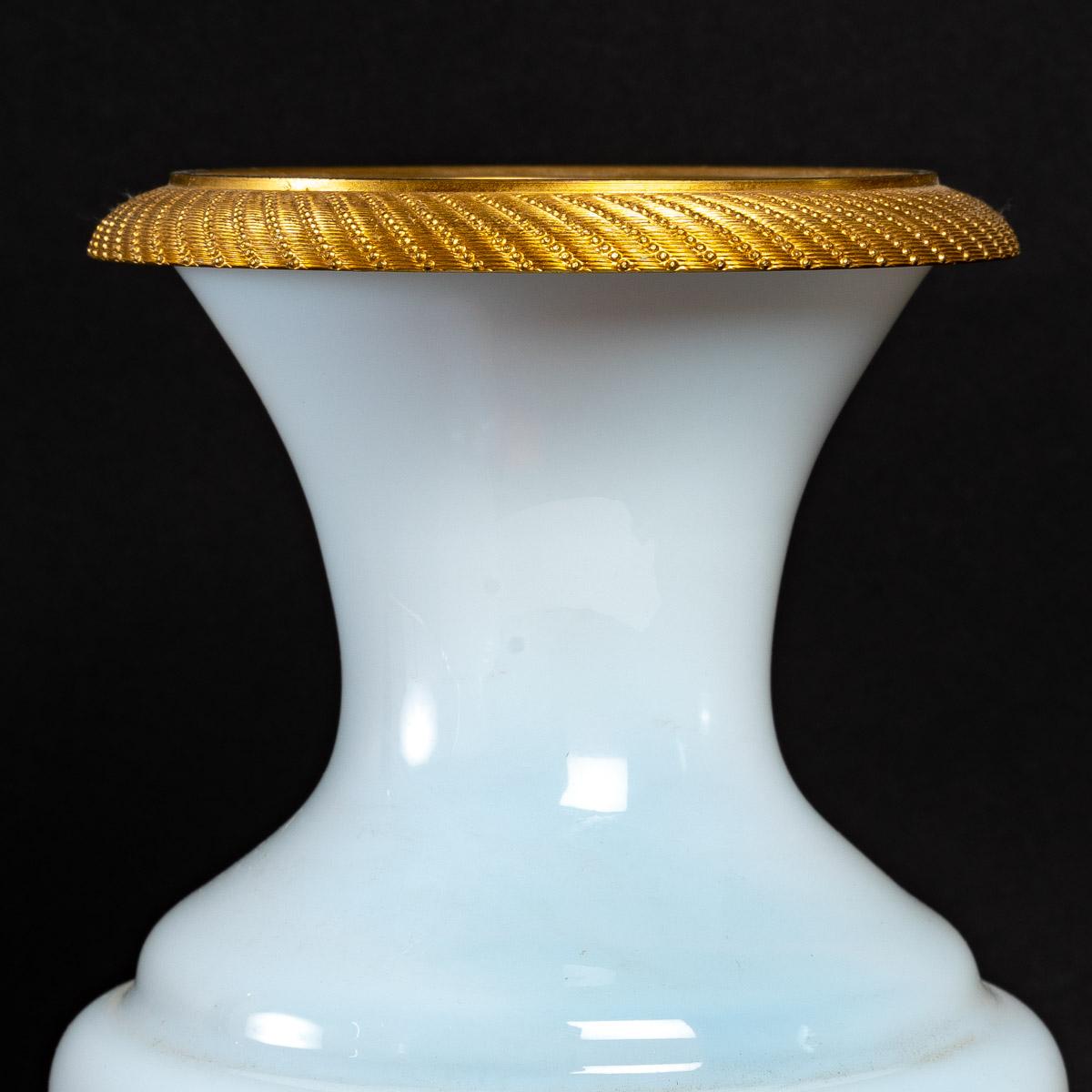 European Pair of White Opaline and Gilt Bronze Vases, 19th Century