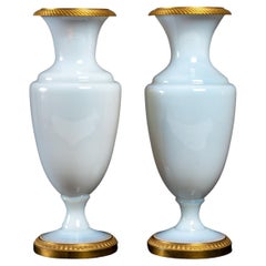 Pair of White Opaline and Gilt Bronze Vases, 19th Century