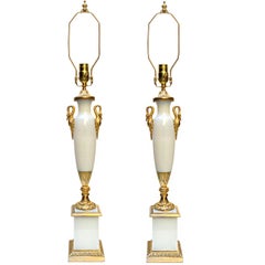 Pair of White Opaline Empire Table Lamps