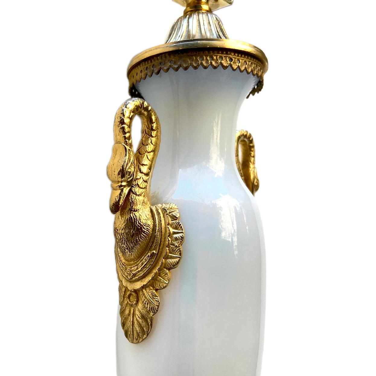 French Pair of White Opaline Empire Table Lamps For Sale
