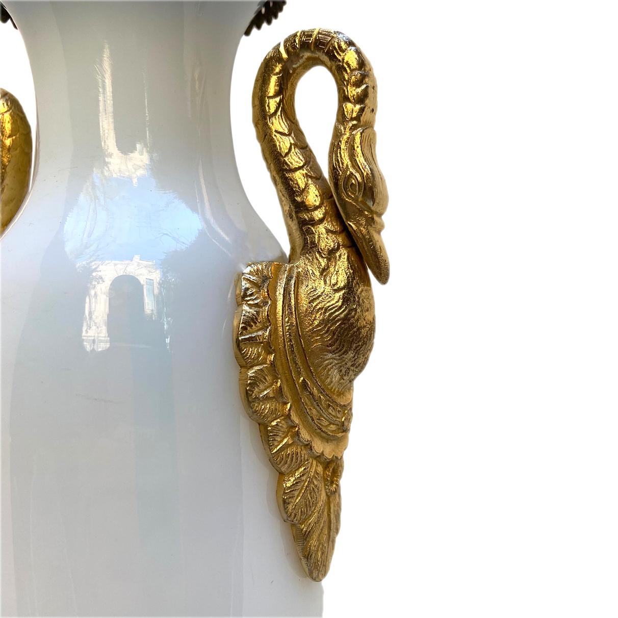 Gilt Pair of White Opaline Empire Table Lamps For Sale