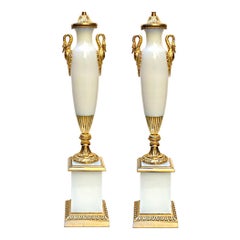 Pair of White Opaline Empire Table Lamps