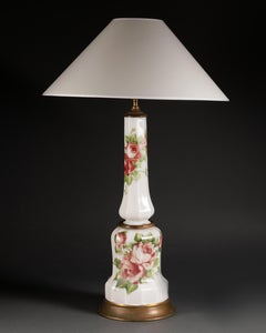 Pair of White Overlay Glass Lamps with Hand Painted Roses, Circa 1920