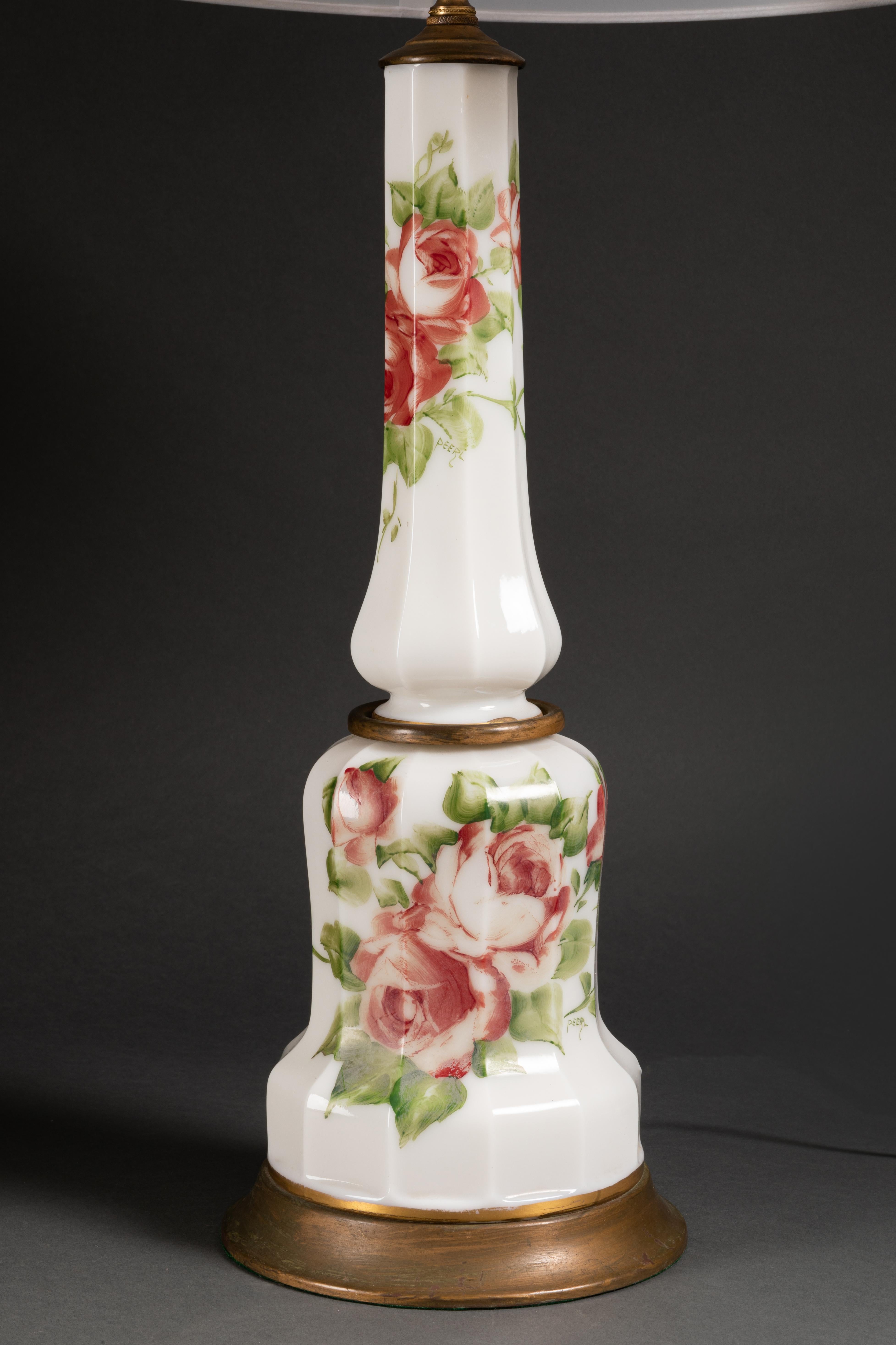 Hand-Painted Pair of White Overlay Glass Lamps with Hand Painted Roses, Circa 1920 For Sale