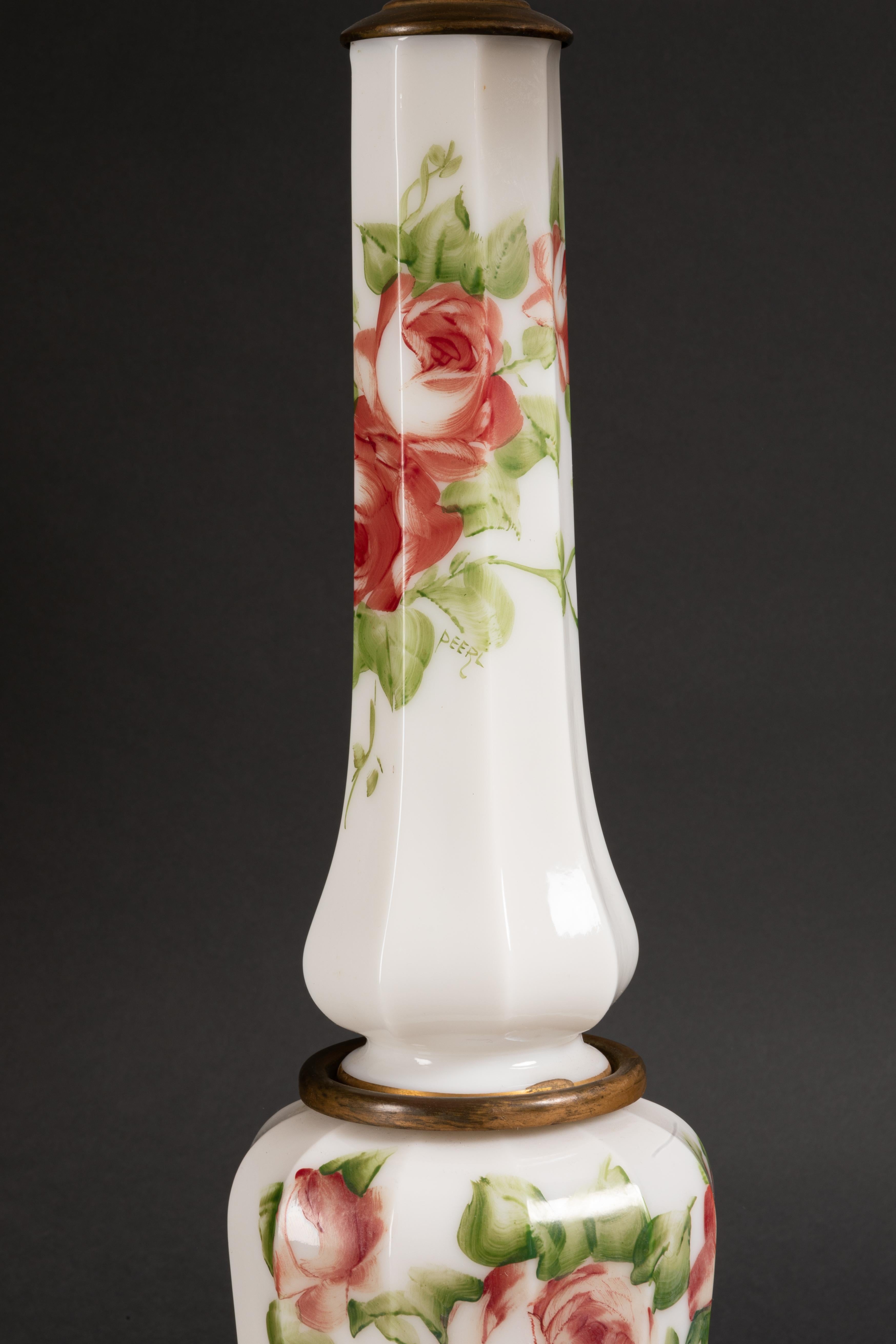 19th Century Pair of White Overlay Glass Lamps with Hand Painted Roses, Circa 1920 For Sale