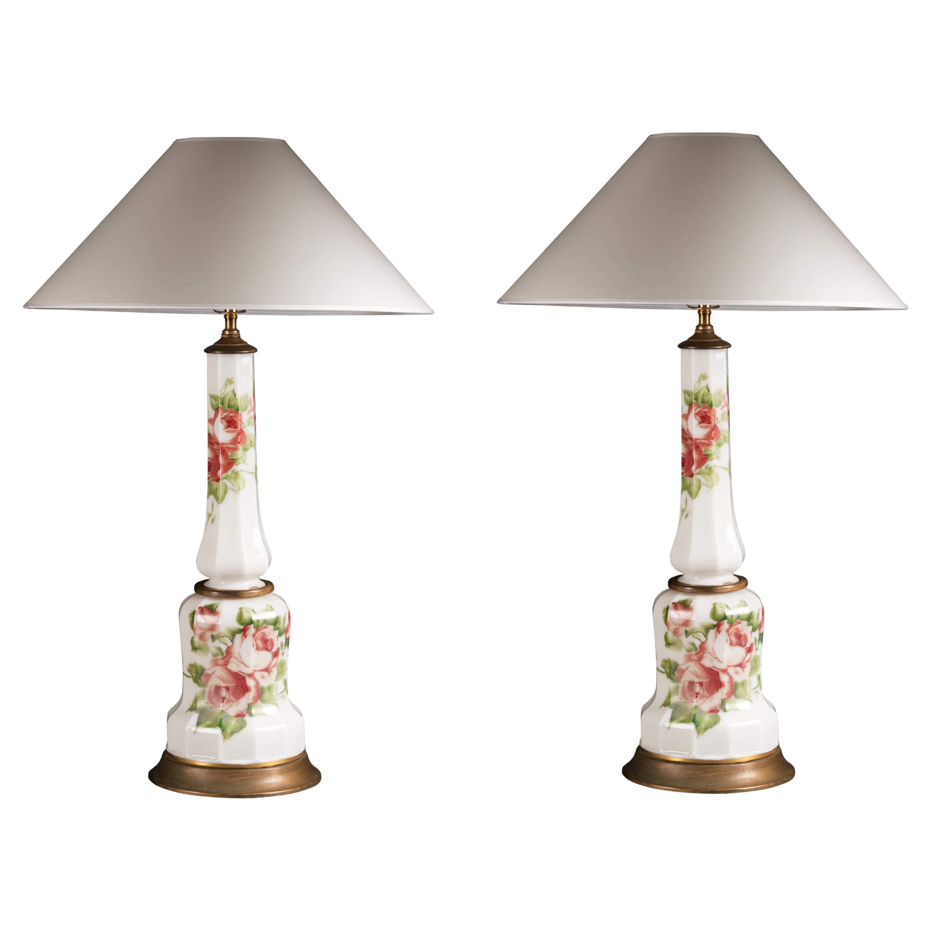 Pair of White Overlay Glass Lamps with Hand Painted Roses, Circa 1920