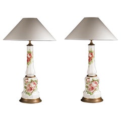 Antique Pair of White Overlay Glass Lamps with Hand Painted Roses, Circa 1920