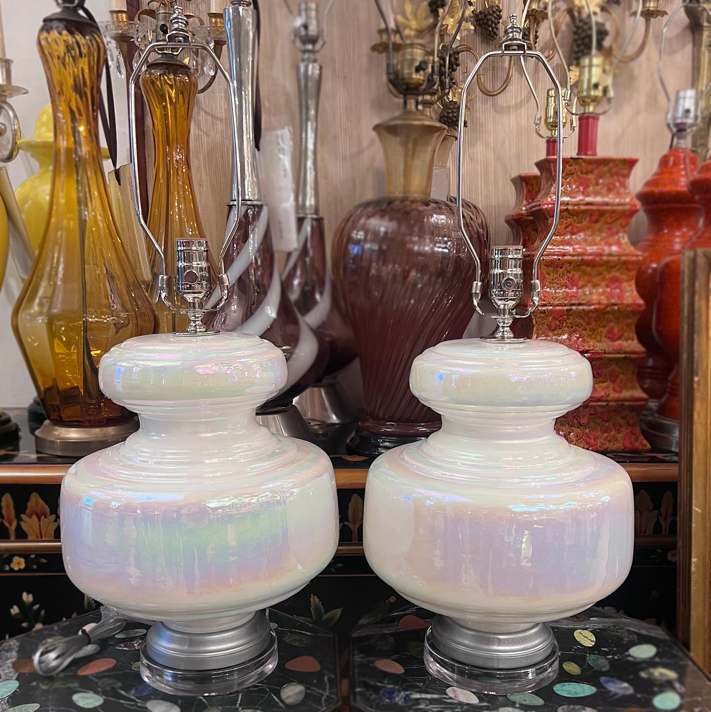 Mid-20th Century Pair of White Opaline Table Lamps  For Sale