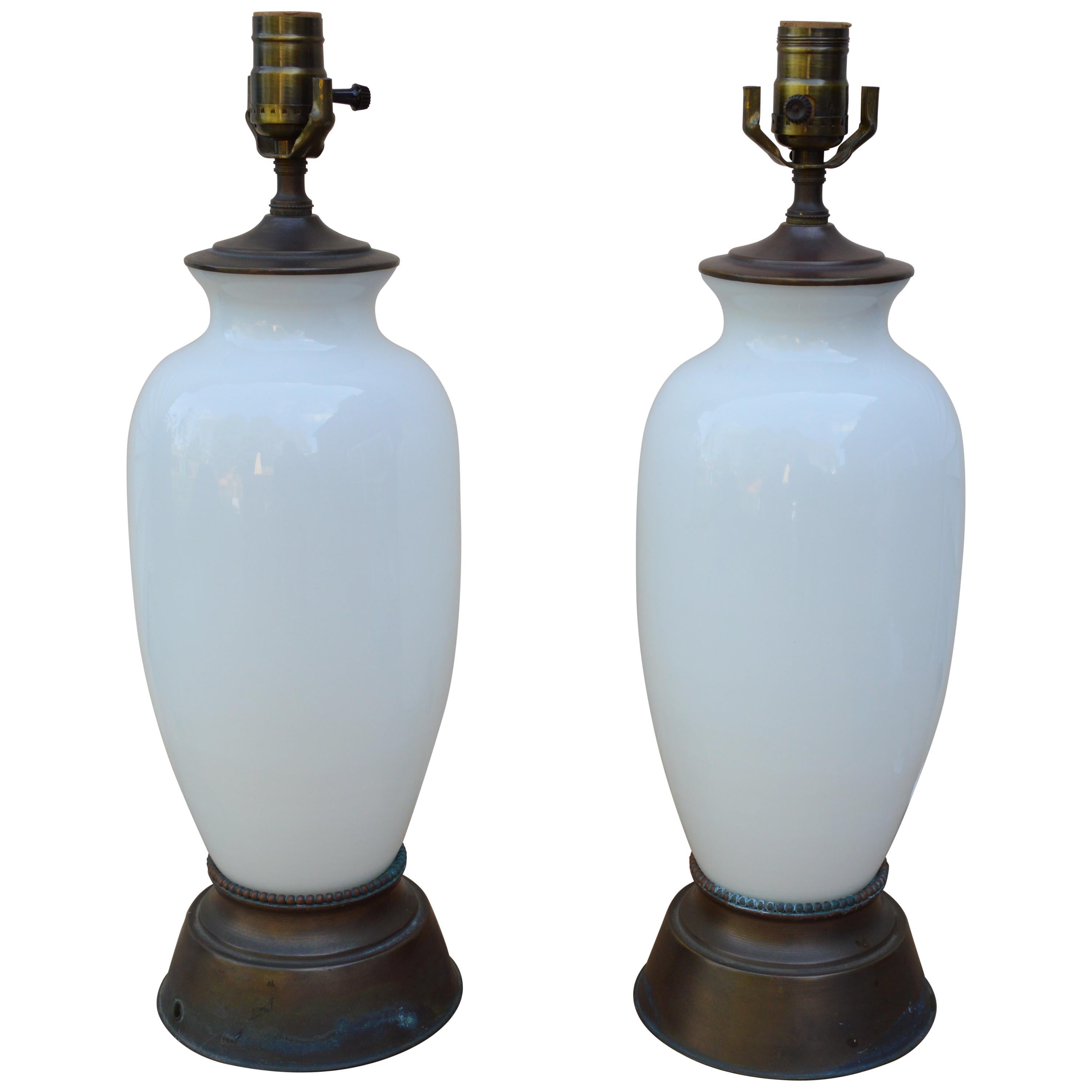 Pair of White Opaline Table Lamps