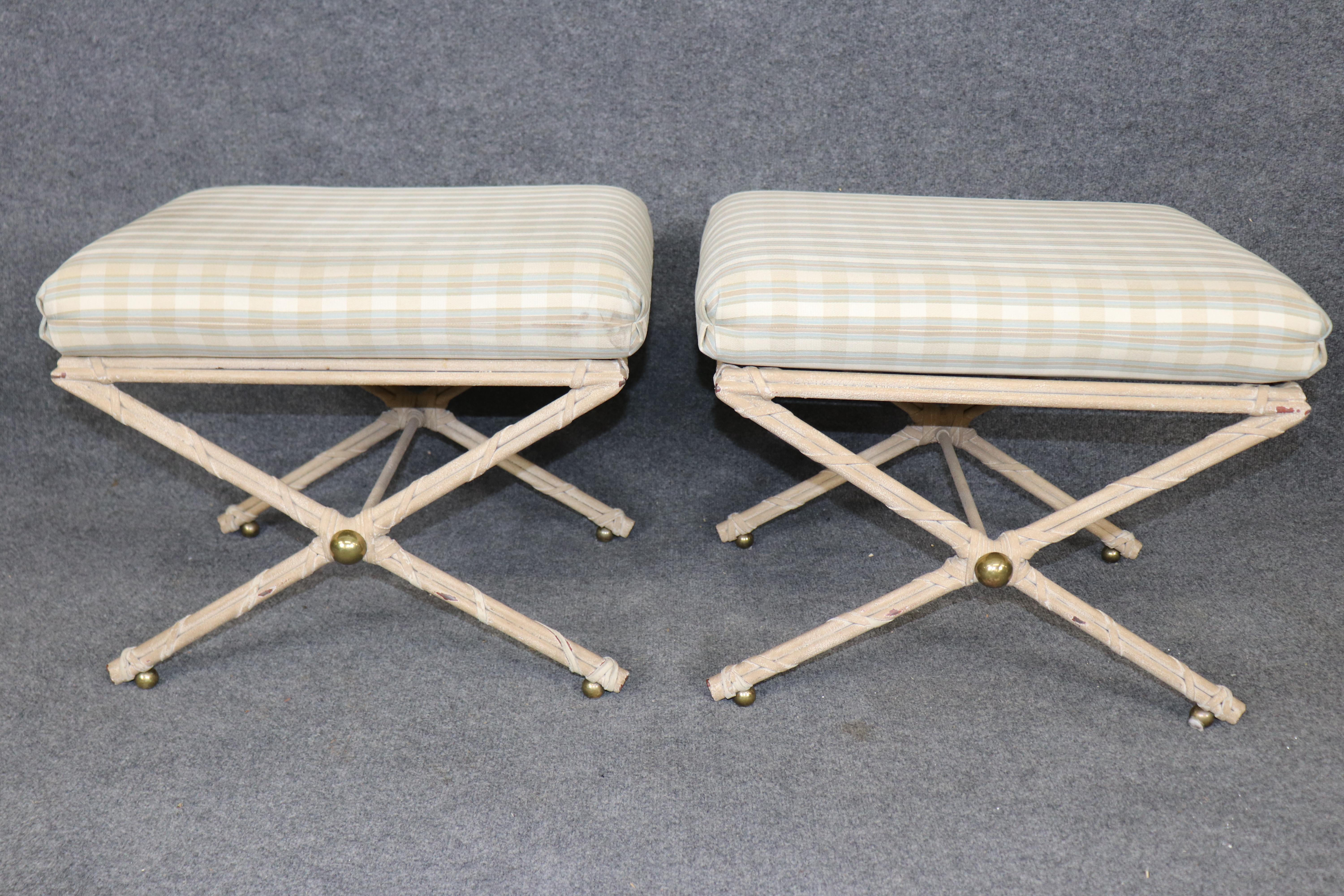 This is a gorgeosu pair of French Directoire style Faux bamboo leather lashed and wrapped foot stools or X benches. The benches are in good original condition and will show distressed paint and some minor stains to upholstery. They date to the 1060s