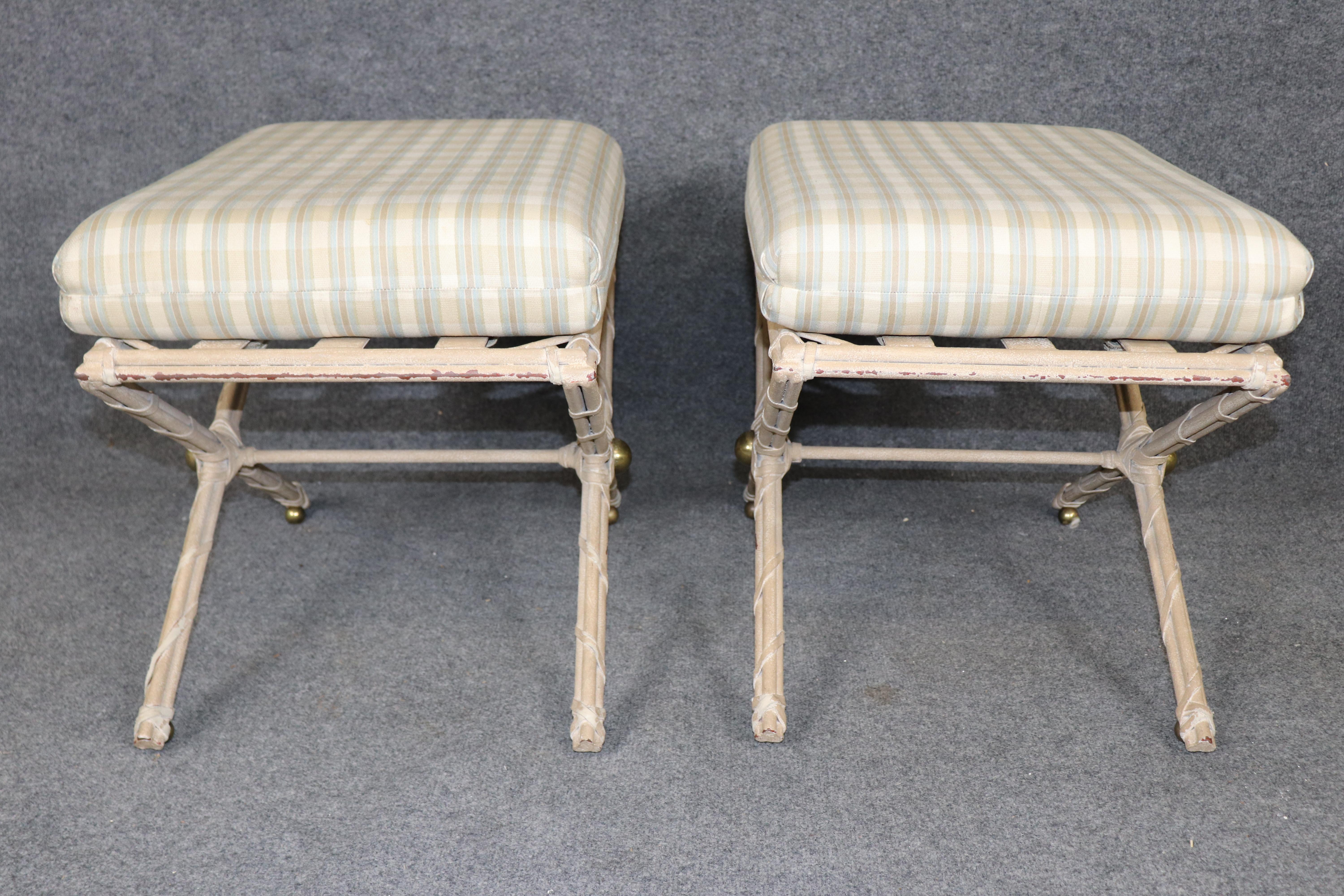 European Pair of White Paint Decorated Faux Bamboo French Directoire Style X Benches For Sale