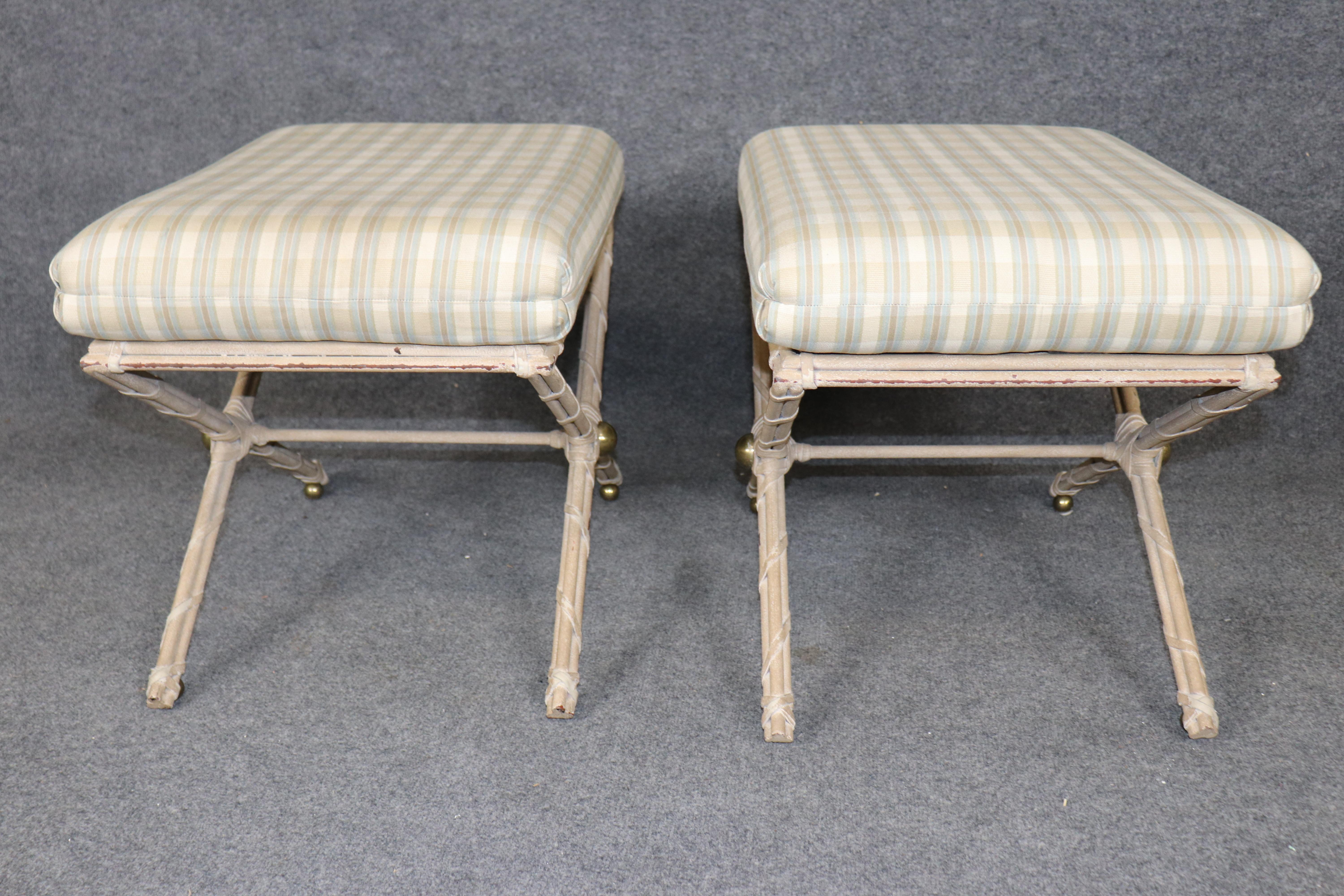 Mid-20th Century Pair of White Paint Decorated Faux Bamboo French Directoire Style X Benches For Sale